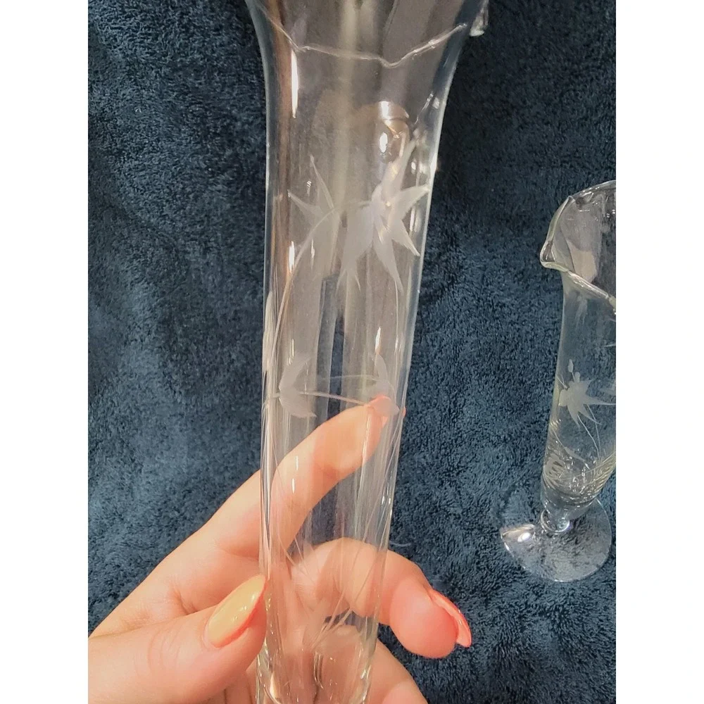 Vintage Etched Glass Bud Vases Pair Ruffled Rim Floral Trumpet Pedestal 10 Inch